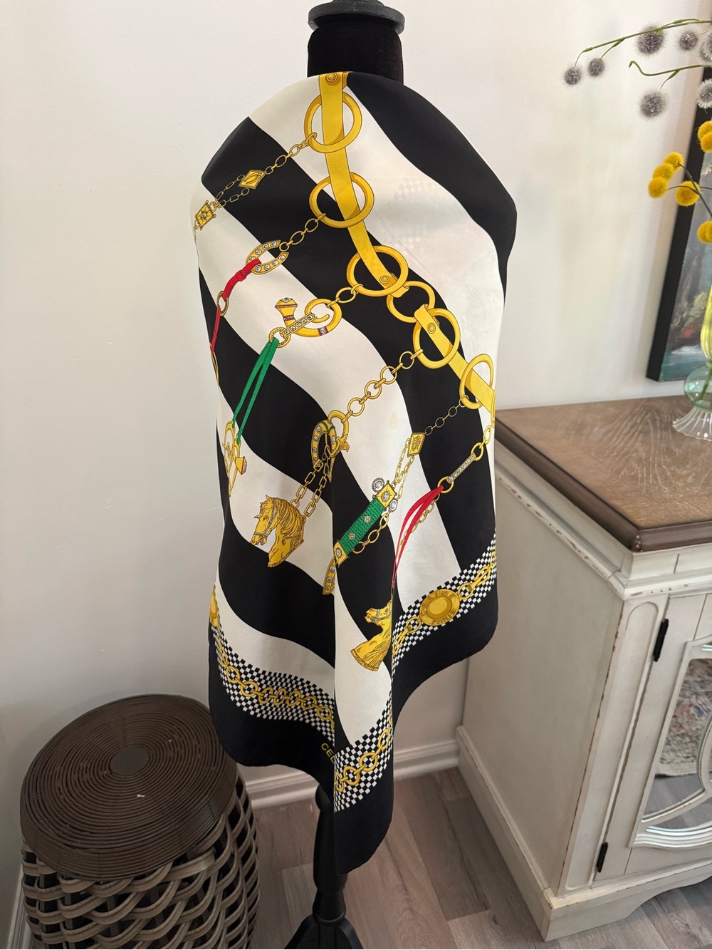 Celine Silk Scarf Navy White Yellow Hand Rolled Made in France